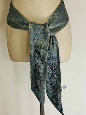 Collection XIIX Belt Embroidered Sash in Slate Green with Gold Accents